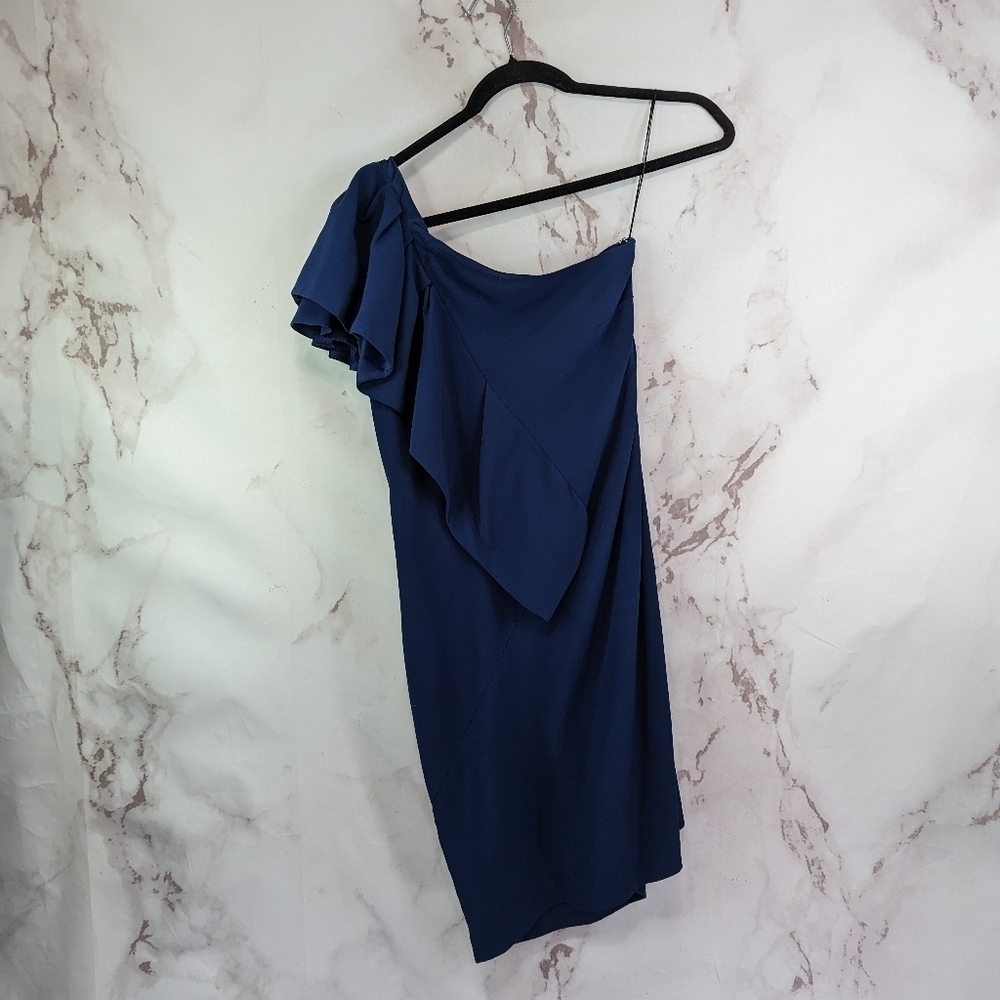 Maje Dress Womens 1 Small Blue One Shoulder Mini Ruffle Assymetric Club Cocktail
